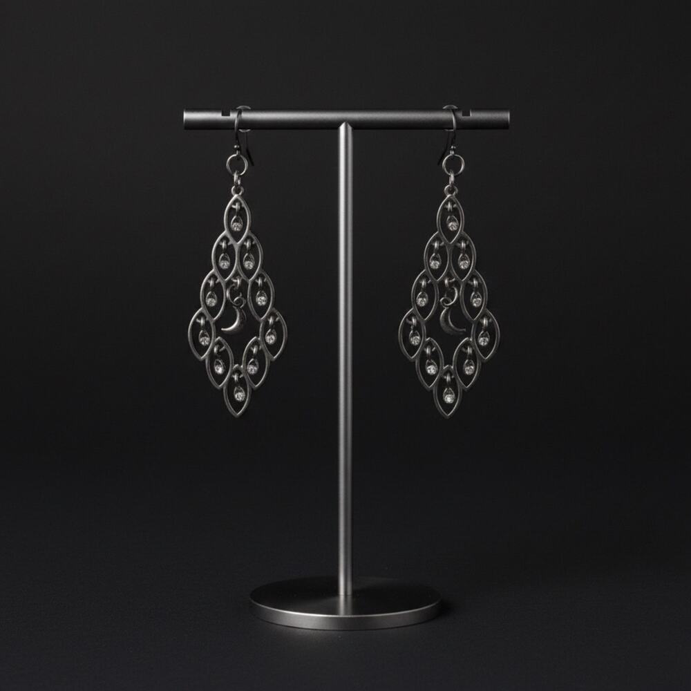 Handmade Crescent Moon Crystal Dangle Earrings Gothic Boho Silver Tone